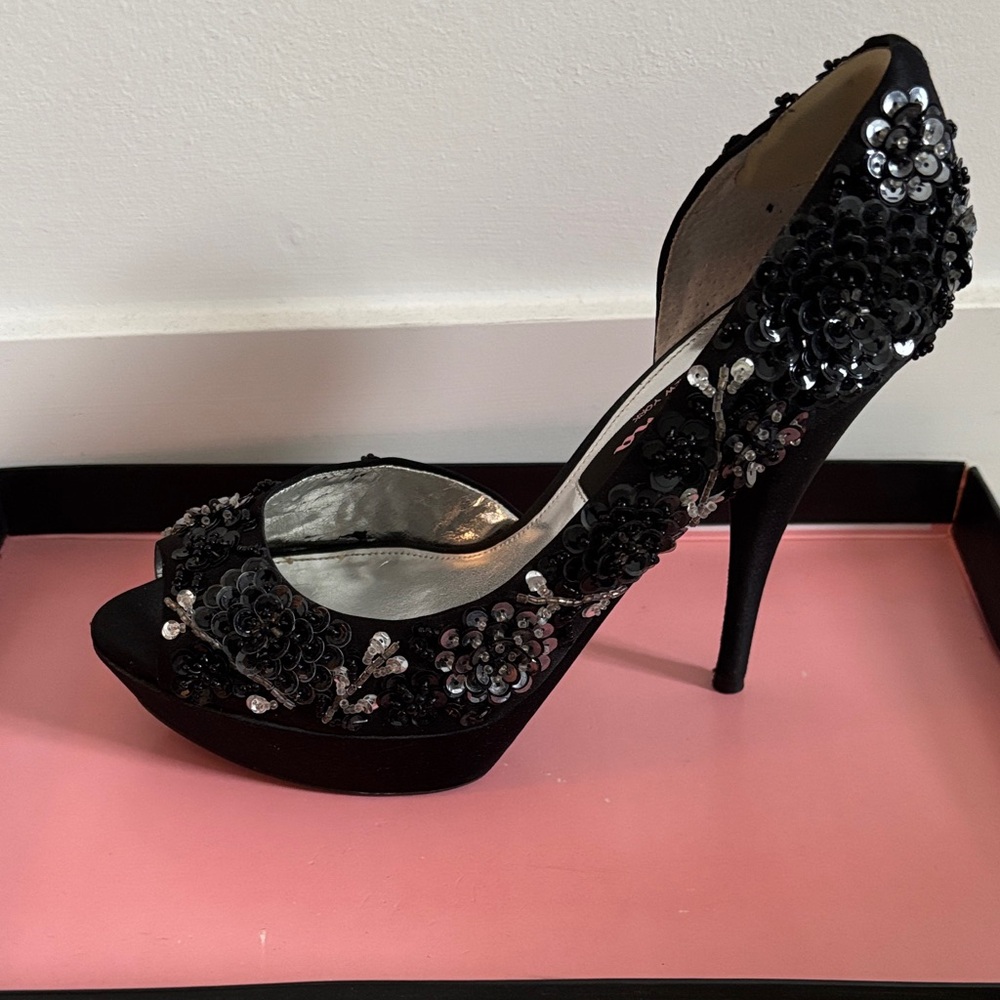 Nina Black Floral Embellished Heels
